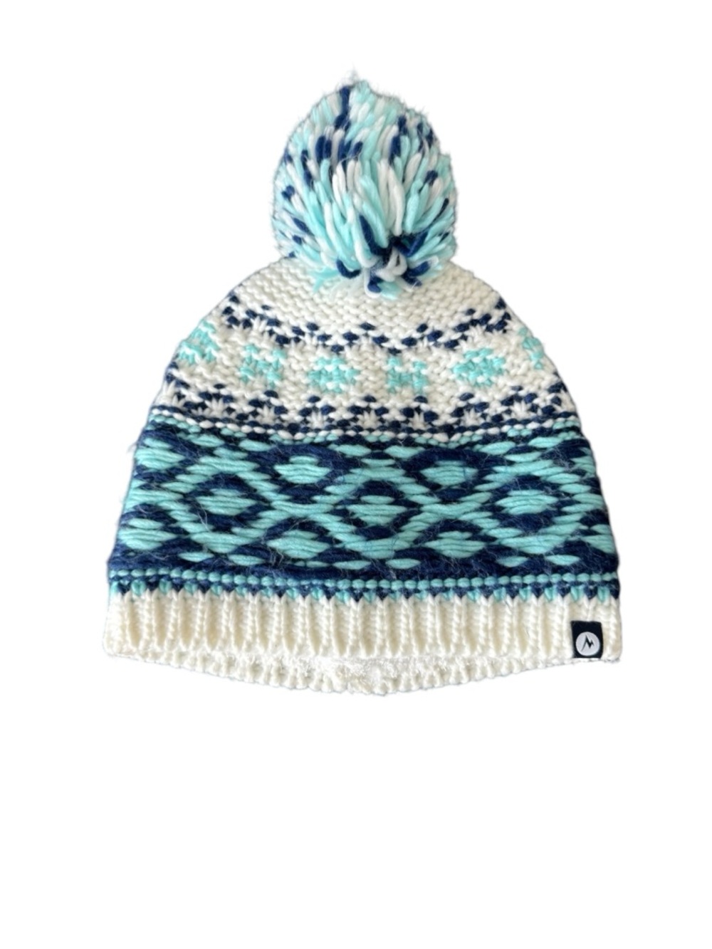 Marmot White and Teal Pom Pom Knit Beanie